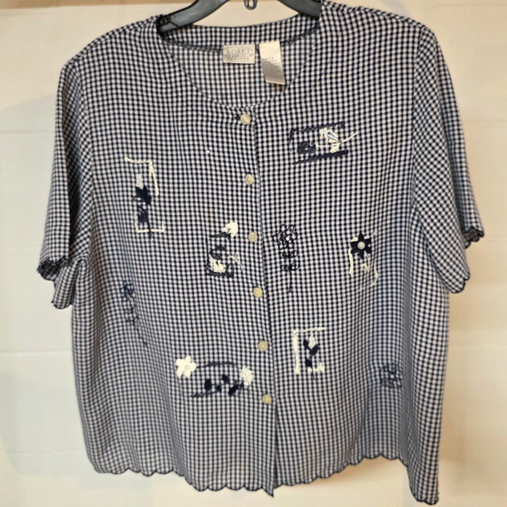 Vintage Koret Francisca Navy Gingham Embroidered Beaded Scalloped Blouse Top XLP